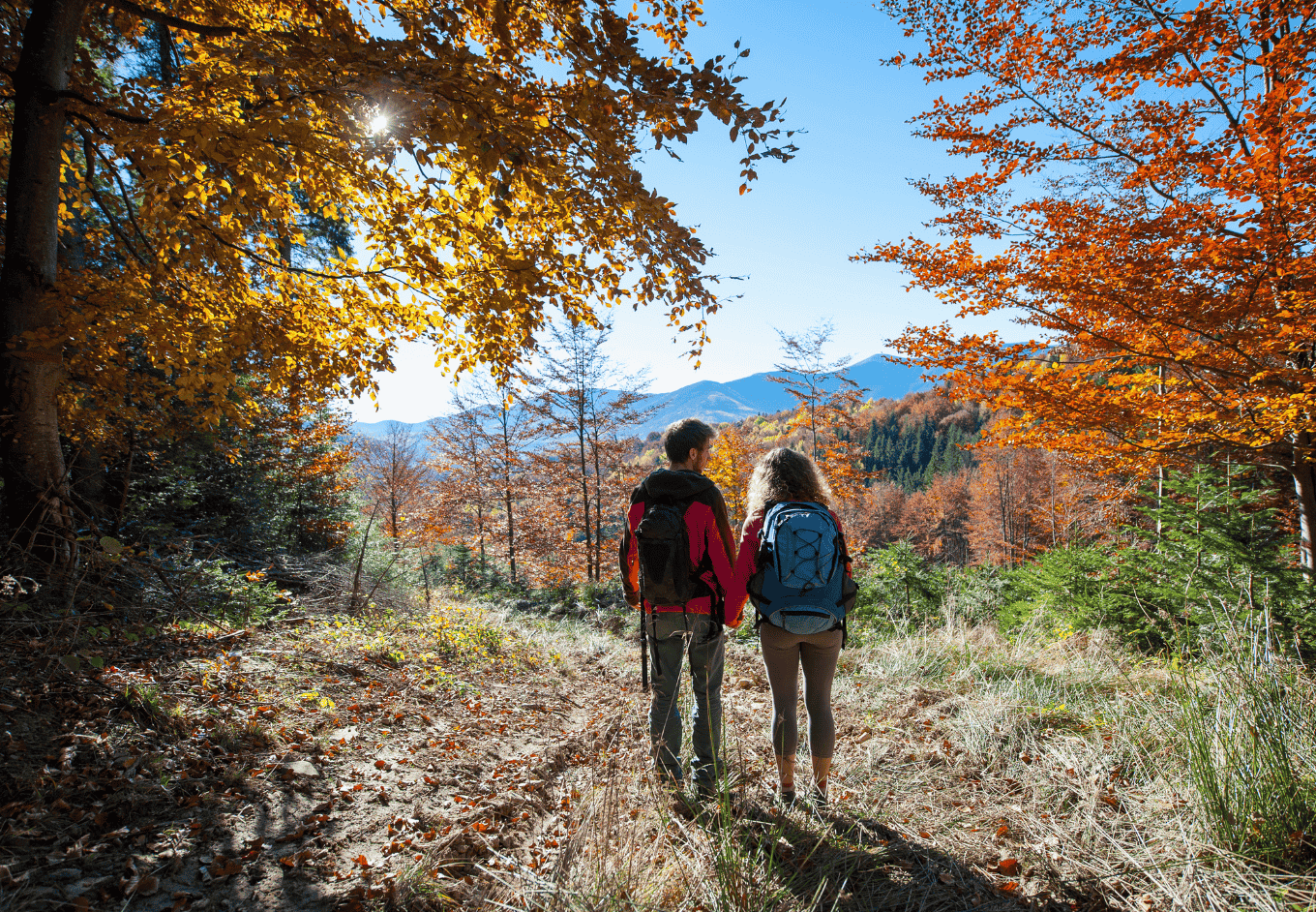 Couple hikers enjoying beautiful scenery on valley