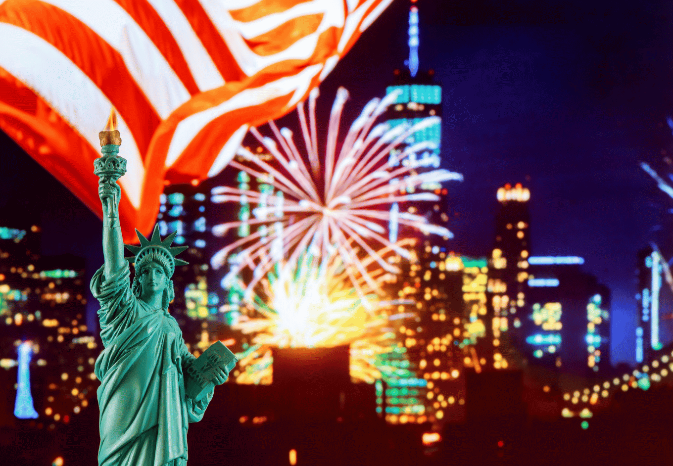 Manhattan by night with Liberty Statue at Night, New York City