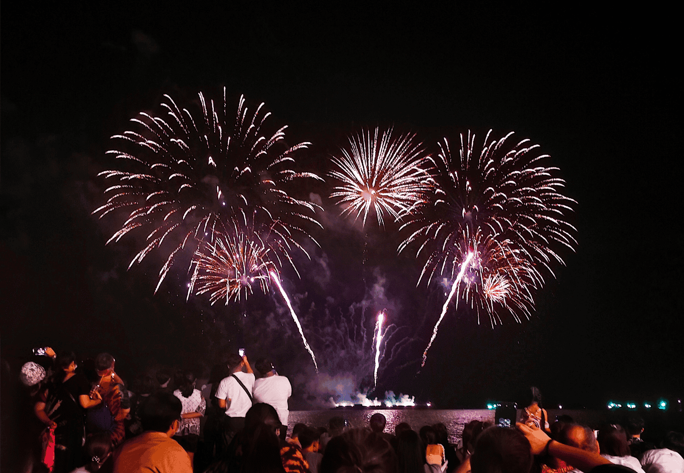 Brilliant bursts of white and purple fireworks light up the night sky as crowds watch from the shore. The explosions paint a dynamic backdrop for celebrations. People in the foreground gaze upward, with some holding up phones to capture the moment. This photo could be used to represent celebratory events, exciting festivities, or holiday-themed projects. The visual energy and dynamic composition are perfect for capturing the excitement of special occasions.
