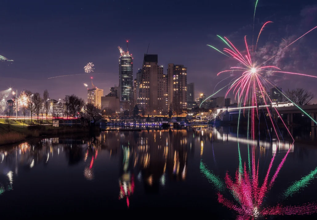 New Years evening celebration with many fireworks in the sky