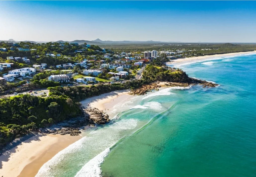 Drone Aerial looking toward Noosa from Caloundra on the Sunshine Coast, Australia.