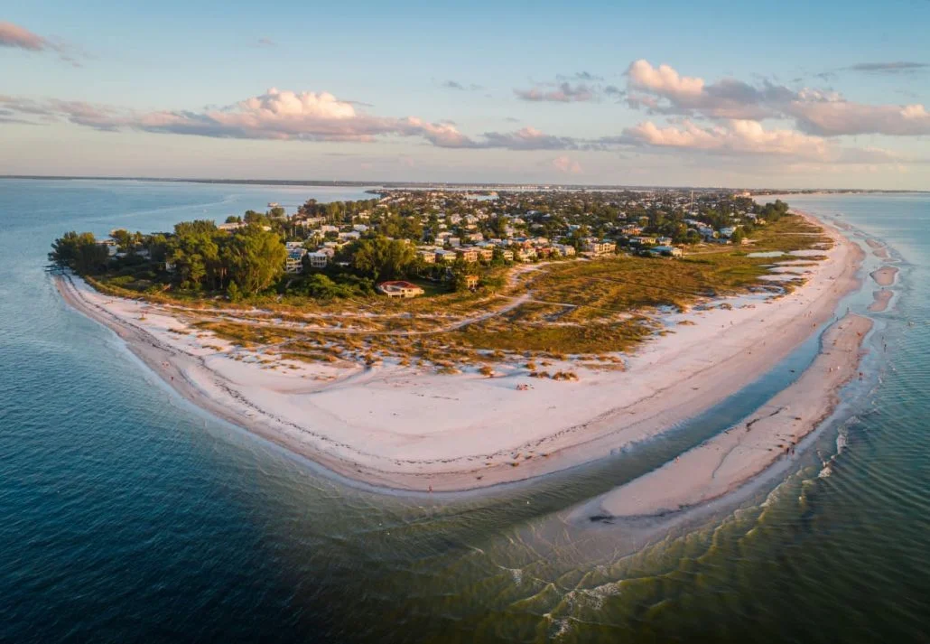  Drone view of Bean Point Beach in Anna Maria Island, Florida.