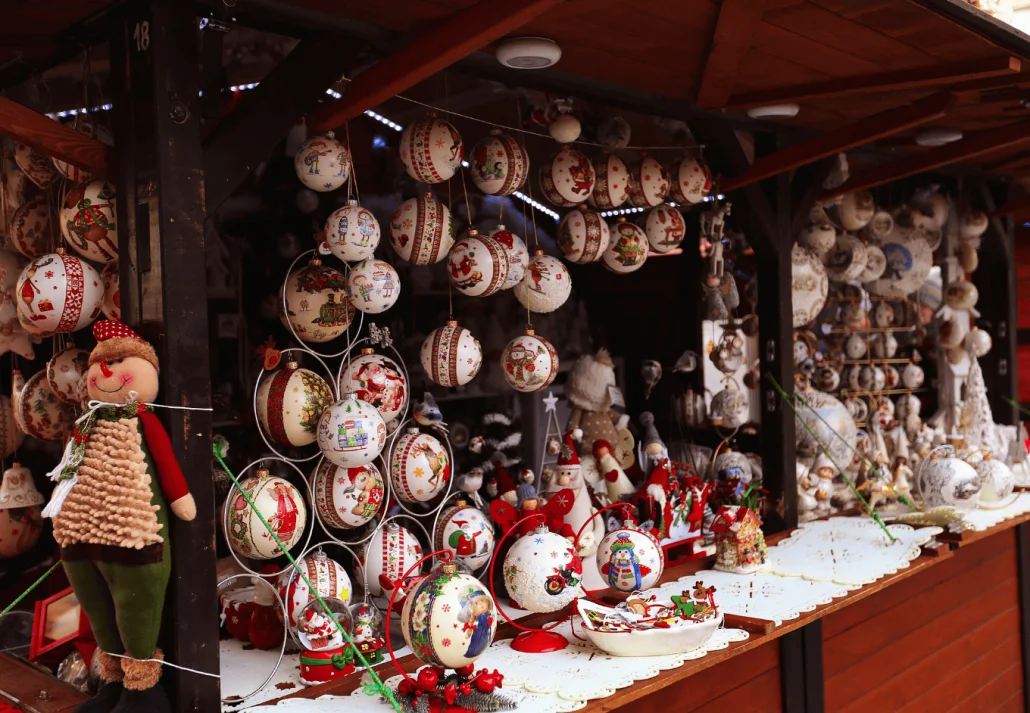 Beautiful multi-colored Christmas balls and toys for decorating house at Christmas Market