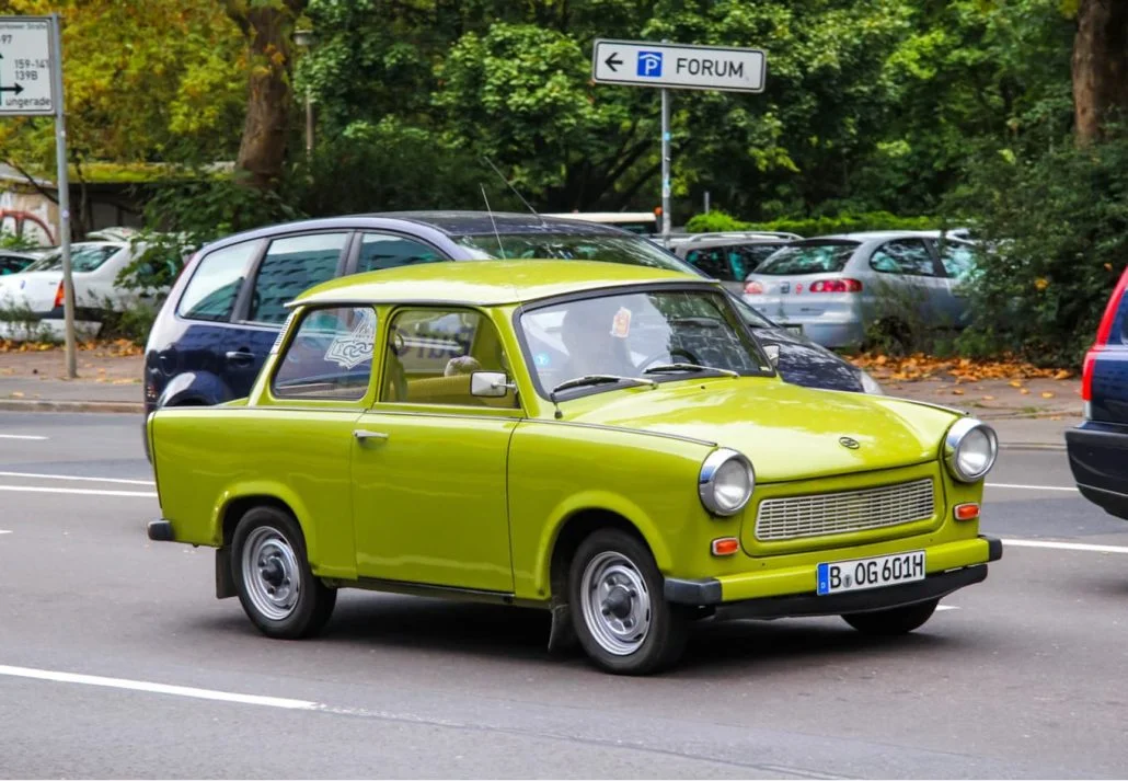 Green Vintage Trabi in Berlin, Germany.