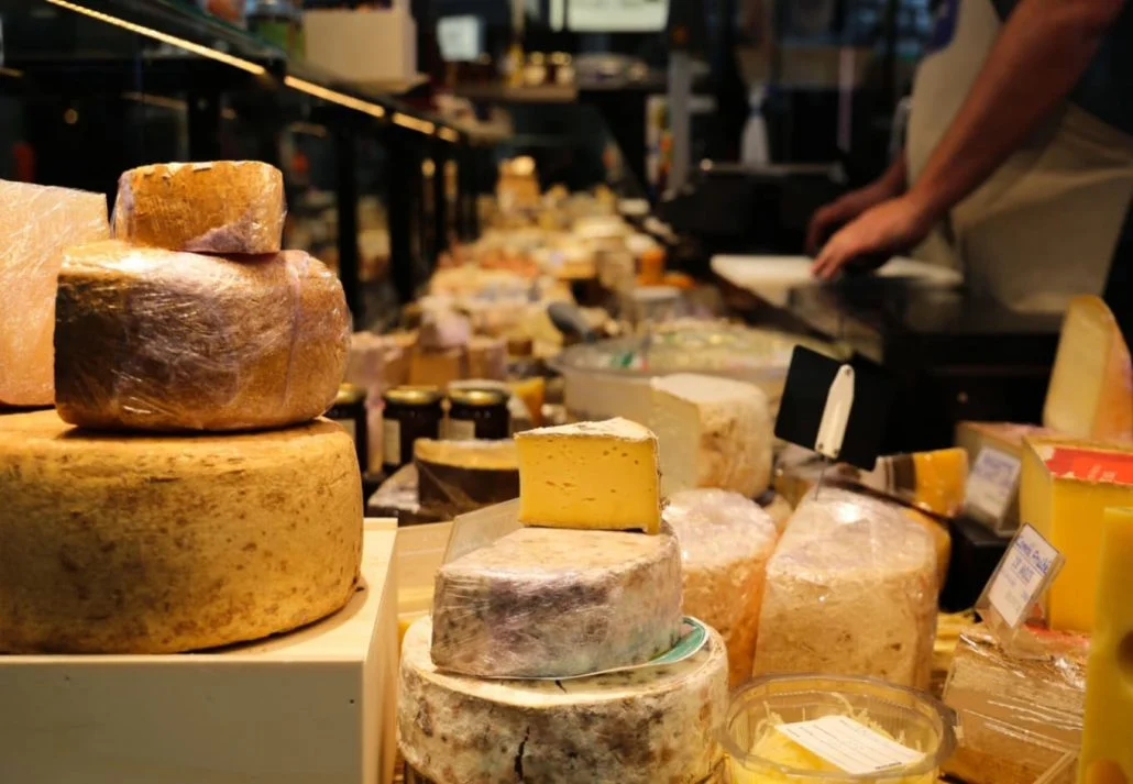 A cheese stand at a market