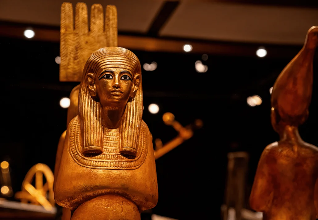Royal Golden Statue Of Ancient Egyptian Pharaoh, Ancient Exhibit In Museo Egizio