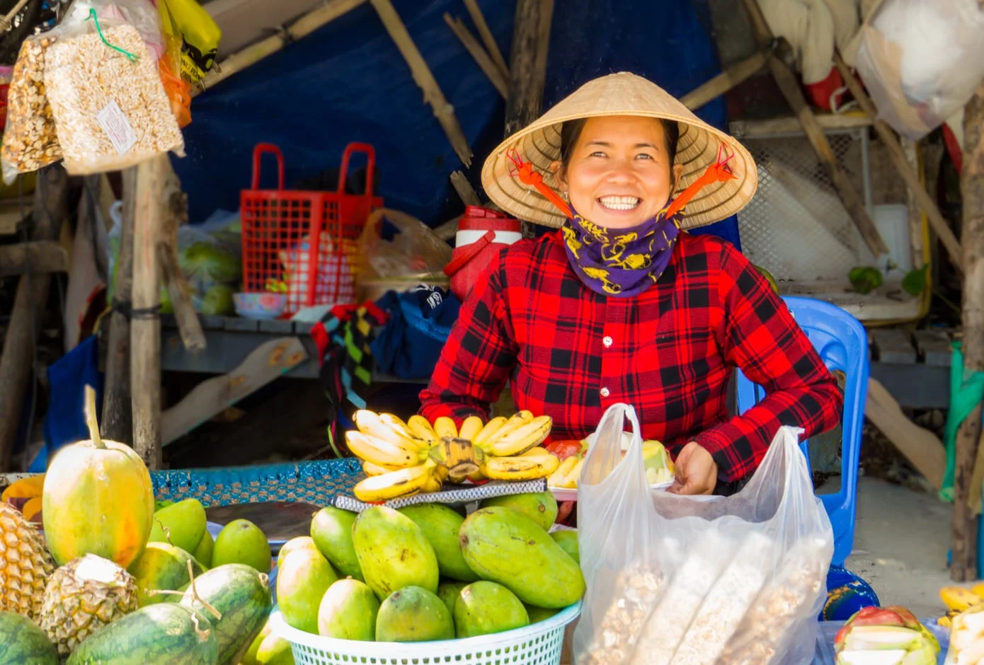 Smiling Vietnamese woman selling fruit on Sao Beach. Vietnam 