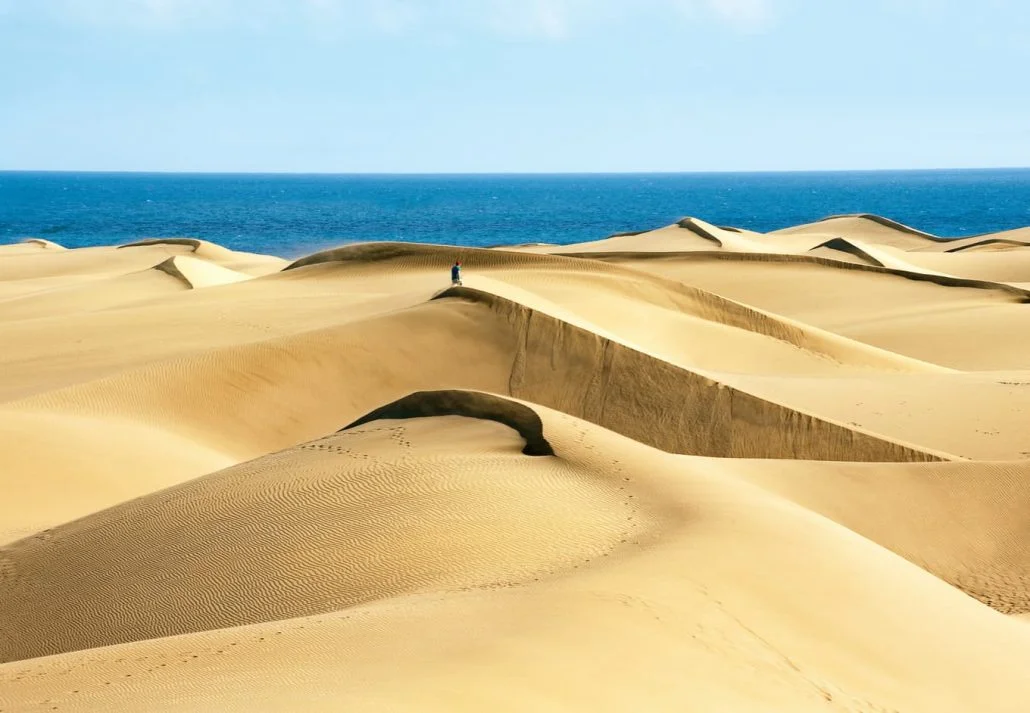 Sandy dunes on the famous natural beach of Maspalomas, Gran Canaria, Spain