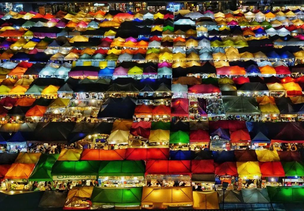 Colourful tents with lights at Train night market in Bagkok