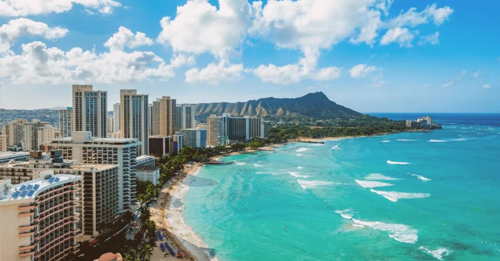 Aerial view of the Waikiki Beach, Honolulu, during the day.