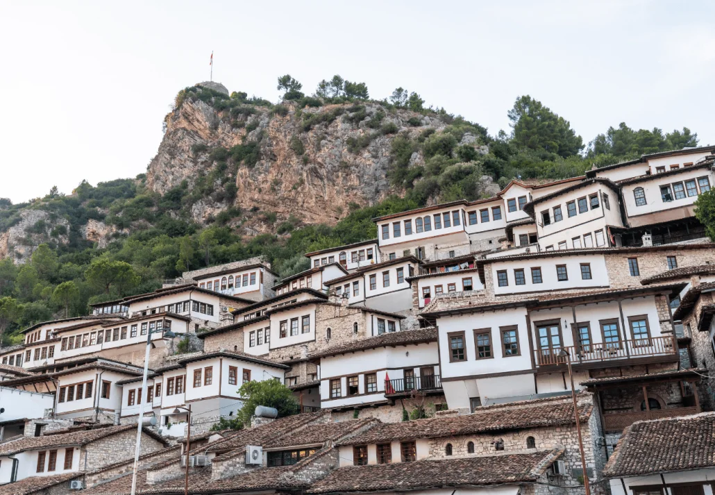 Detail of the castle of the historic city of Berat in Albania and its river, UNESCO