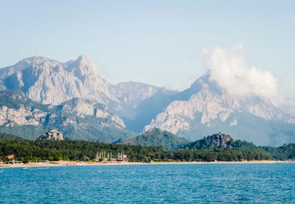 A view of Taurus Mountains with peaks covered in snow