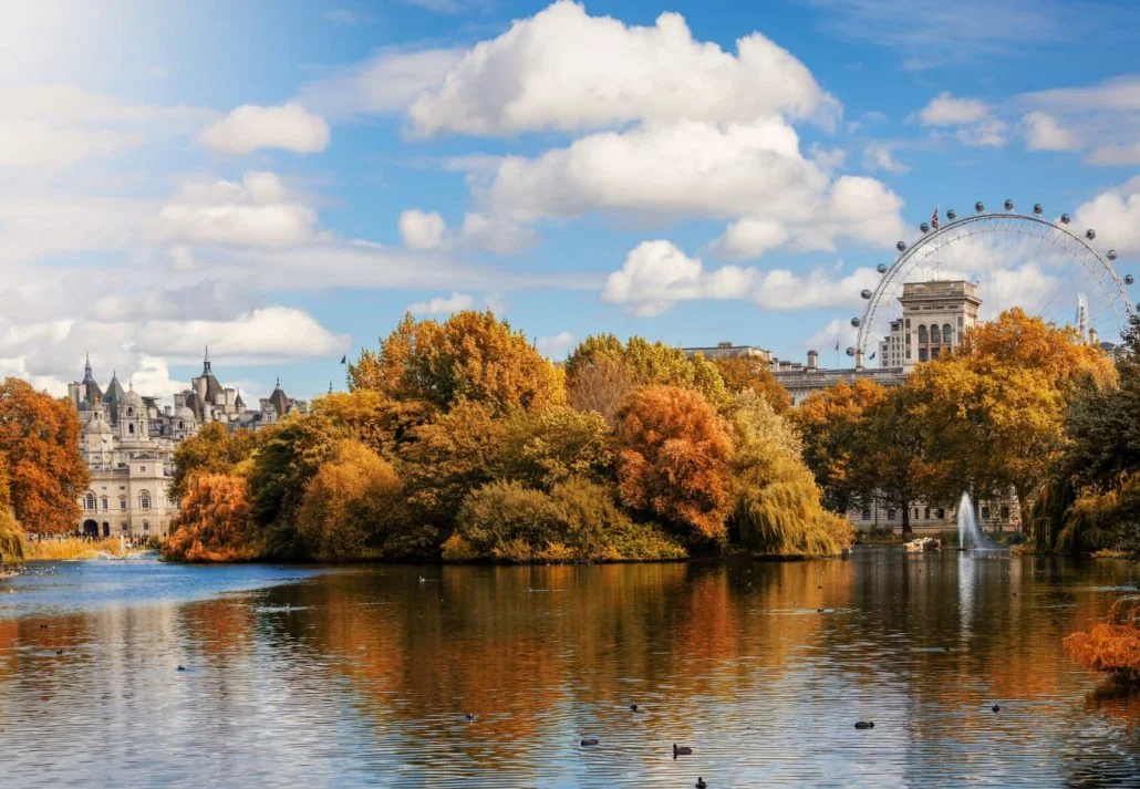 Best Time to Visit London - St. James Park covered in beautiful fall foliage, in London, UK.