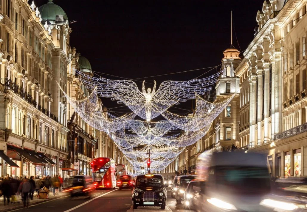 Best time to visit London - London's Oxford Street decorated with Christmas Lights.