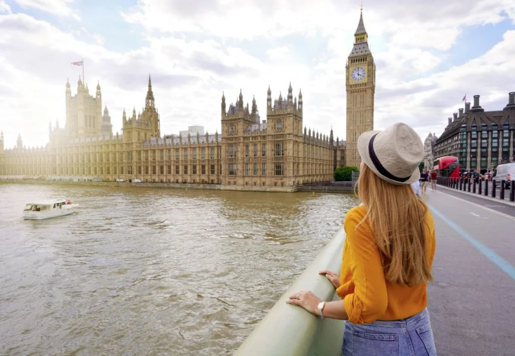 Best time to visit London - A young woman in London marveling at the Big Ben.
