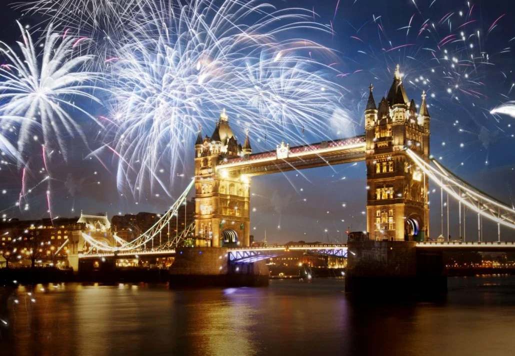 Best time to visit London - New Year's fireworks over the Tower Bridge of London.