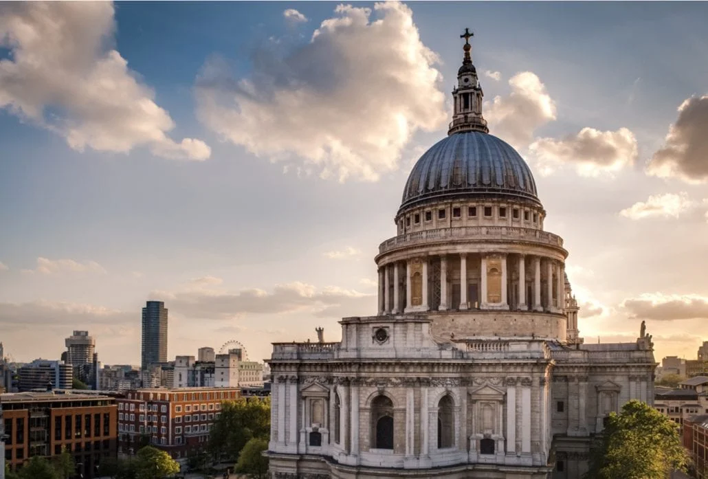 London Attractions - Urban skyline with St. Paul Cathedral at sunset. London, United Kingdom.