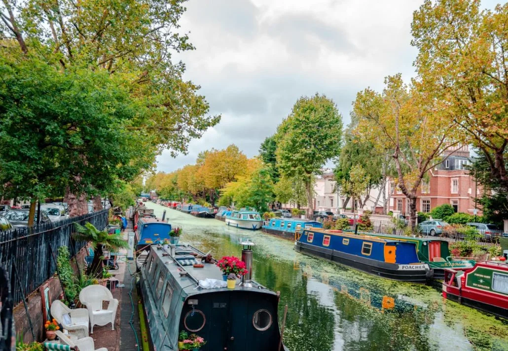 Hidden Gems In London - A leafy canal in Little Venice, London, England.