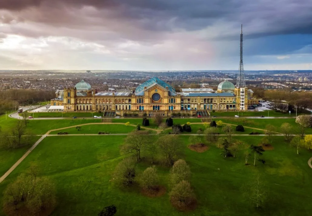 Parks in London - Aerial panoramic view of Alexandra Palace in Alexandra Park with dramatic clouds behind, in London, UK.