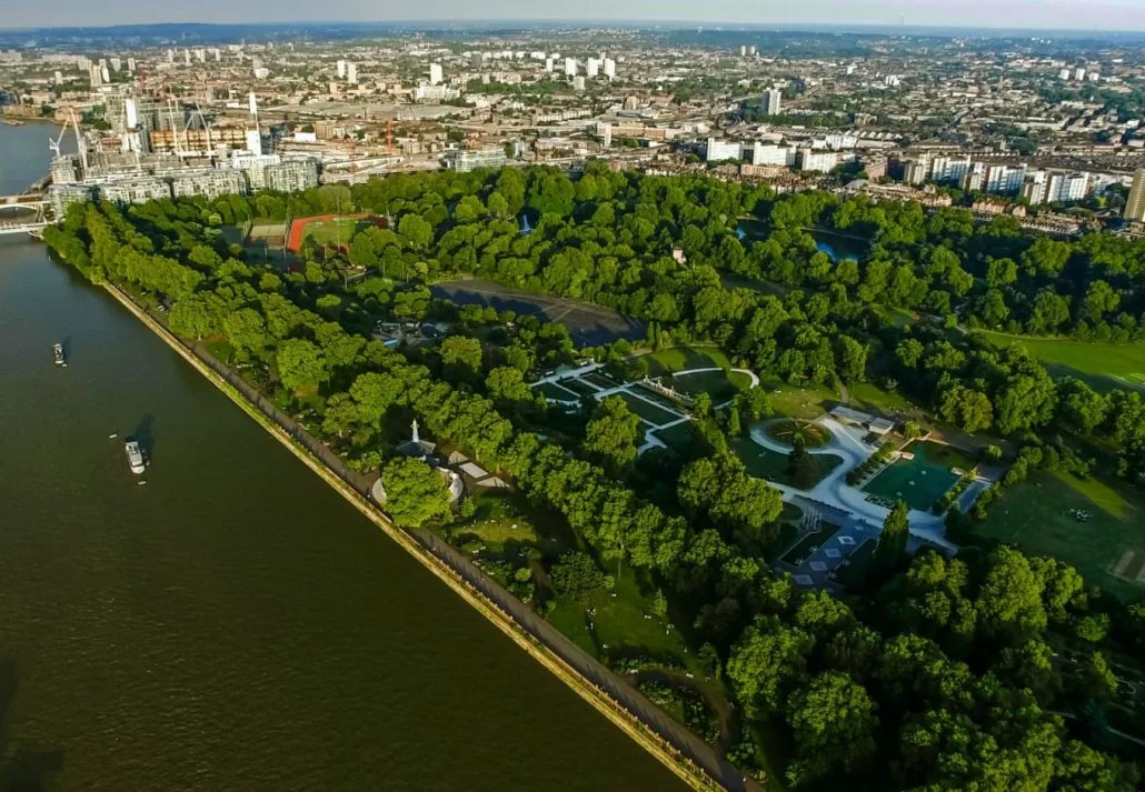 Parks in London - Aerial View Photo of Battersea Park feat. River Thames and Chelsea Bridge in London, England.
