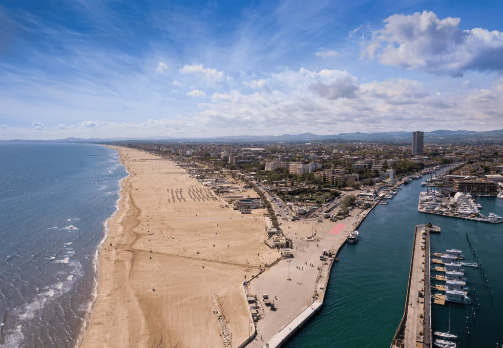 Aerial view of the Romagna coast with the beaches of Riccione, Rimini and Cattolica