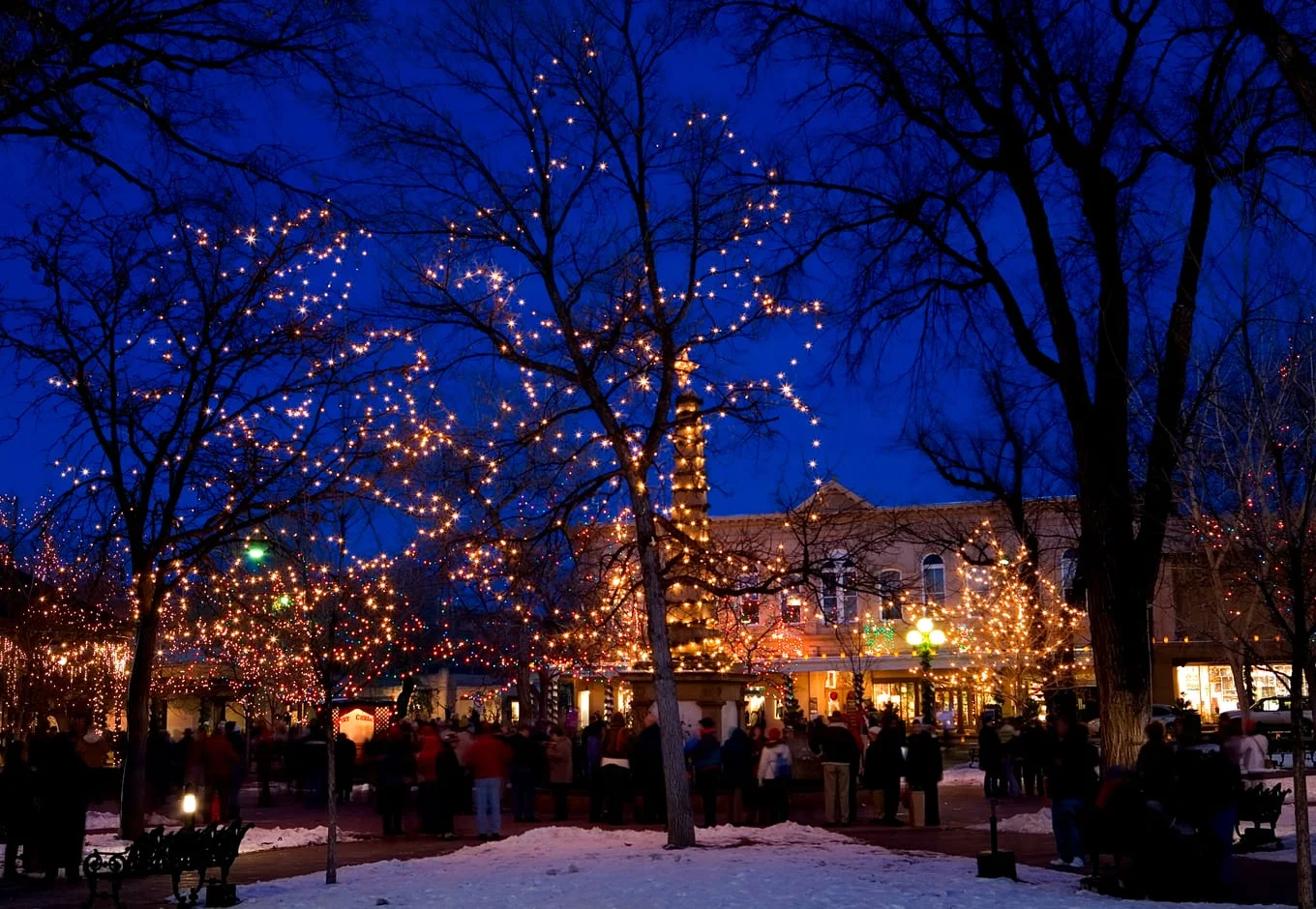 The square in Santa Fe sparkling with Christmas lights. 