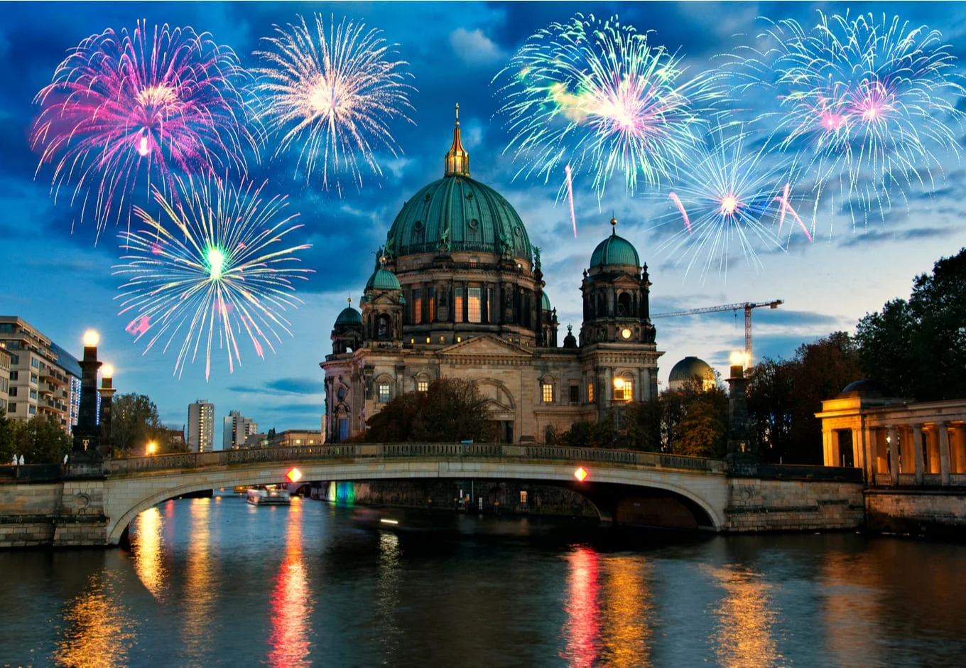 Fireworks over Berliner Cathedral in Berlin, Germany. 