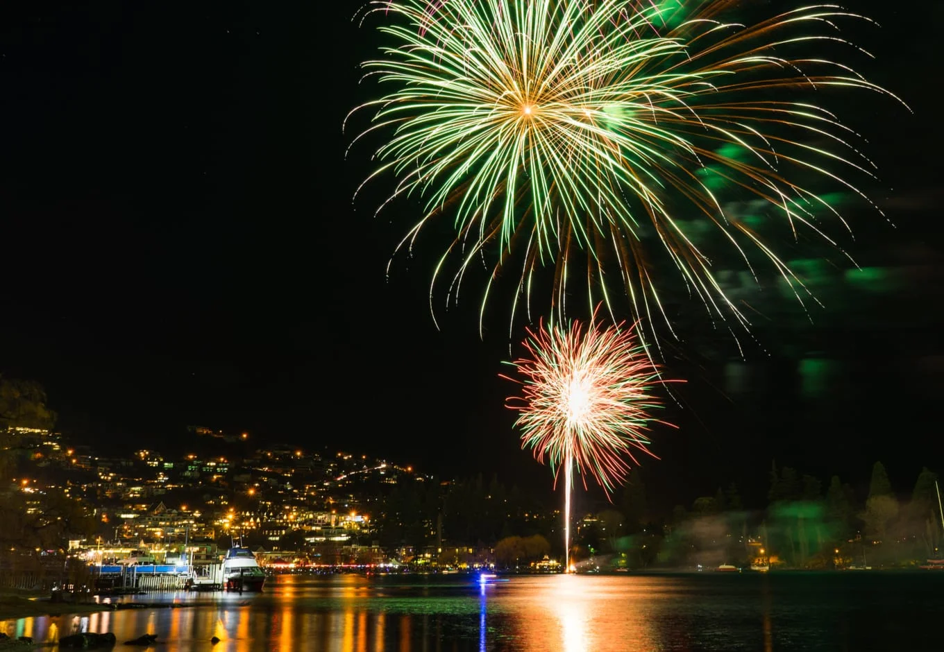 Firworks over the Lake Wakapitu, in Queenstown, New Zealand.