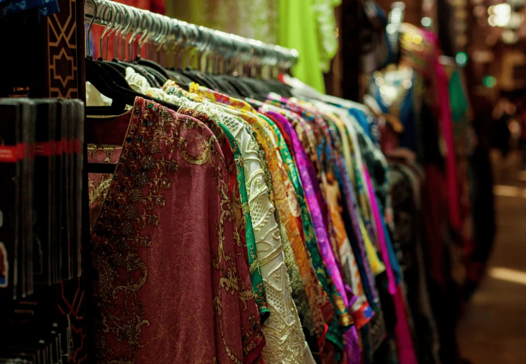 Sale of sarees of different colors on the eastern market. Diwali in New York