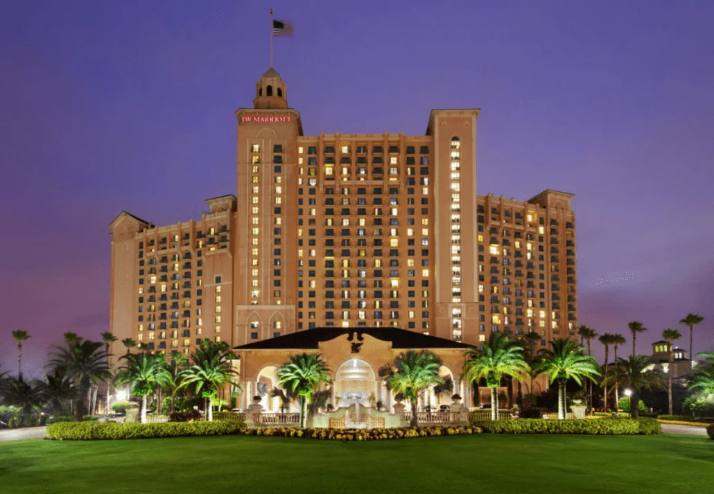 JW Marriott Orlando Grande Lakes at nighttime.