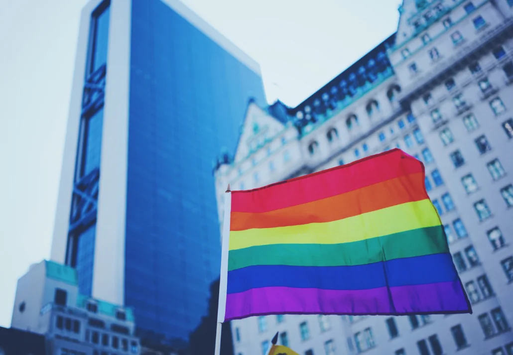 Pride flag with New York in the background, USA