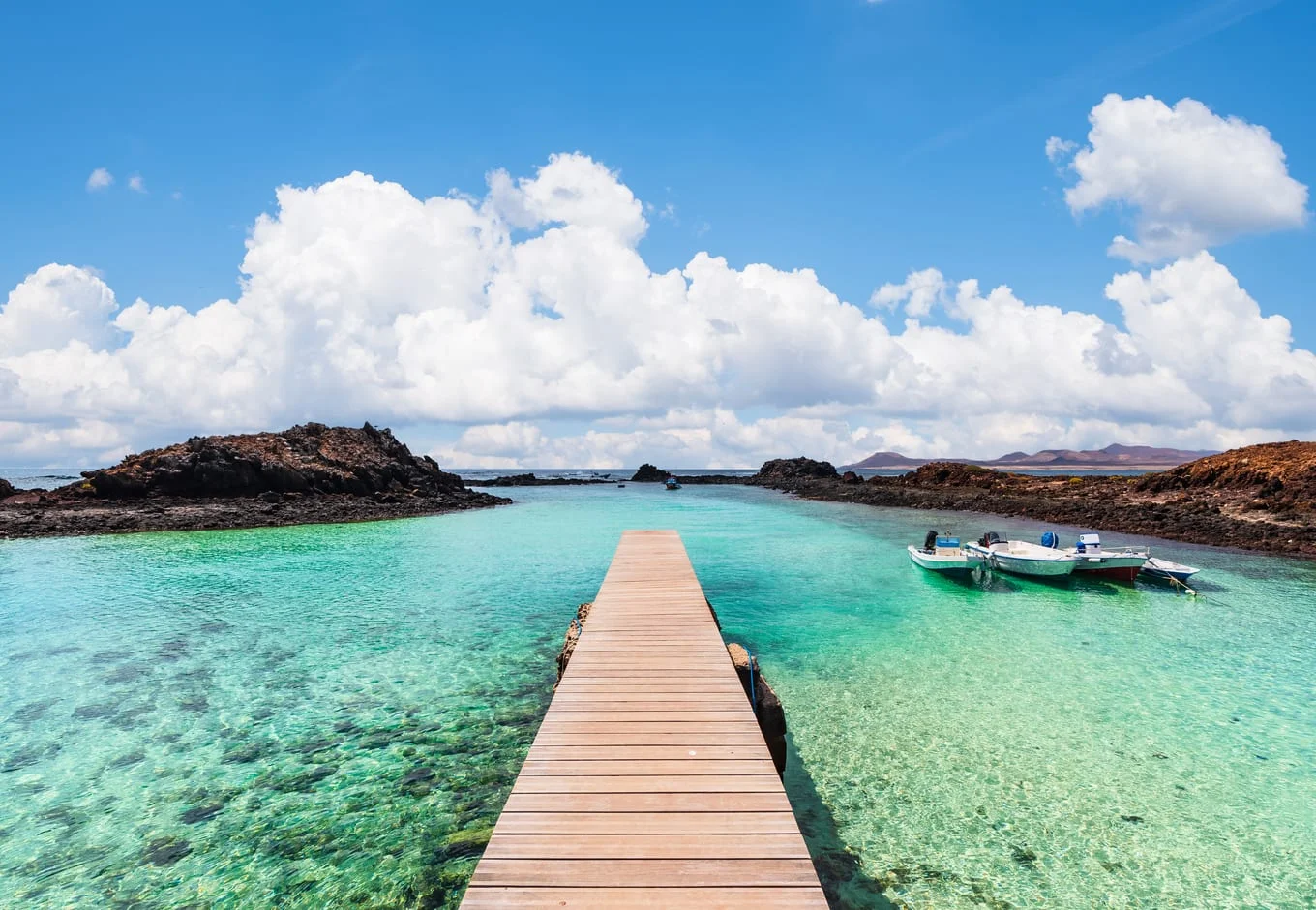 The wooden jetty of the Isla de Lobos in the Canary Islands, Spain. 