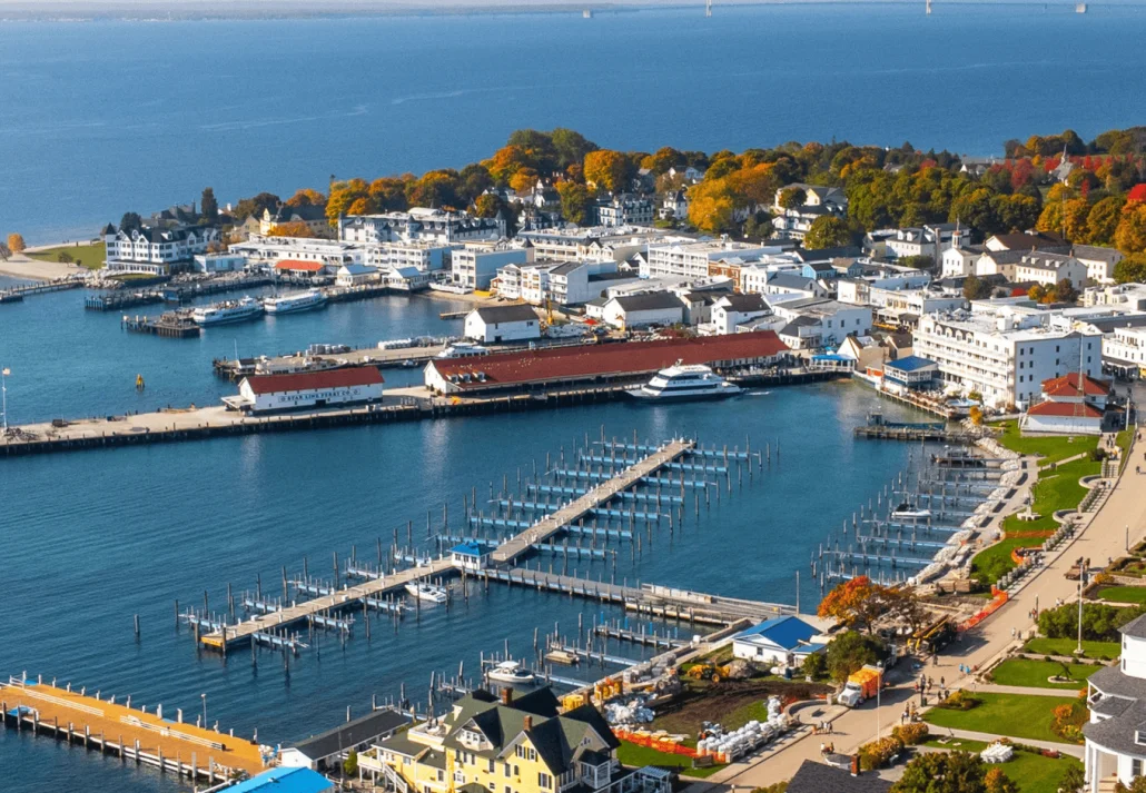  Beautiful view of the docking bay shoreline on Mackinac Island in the fall