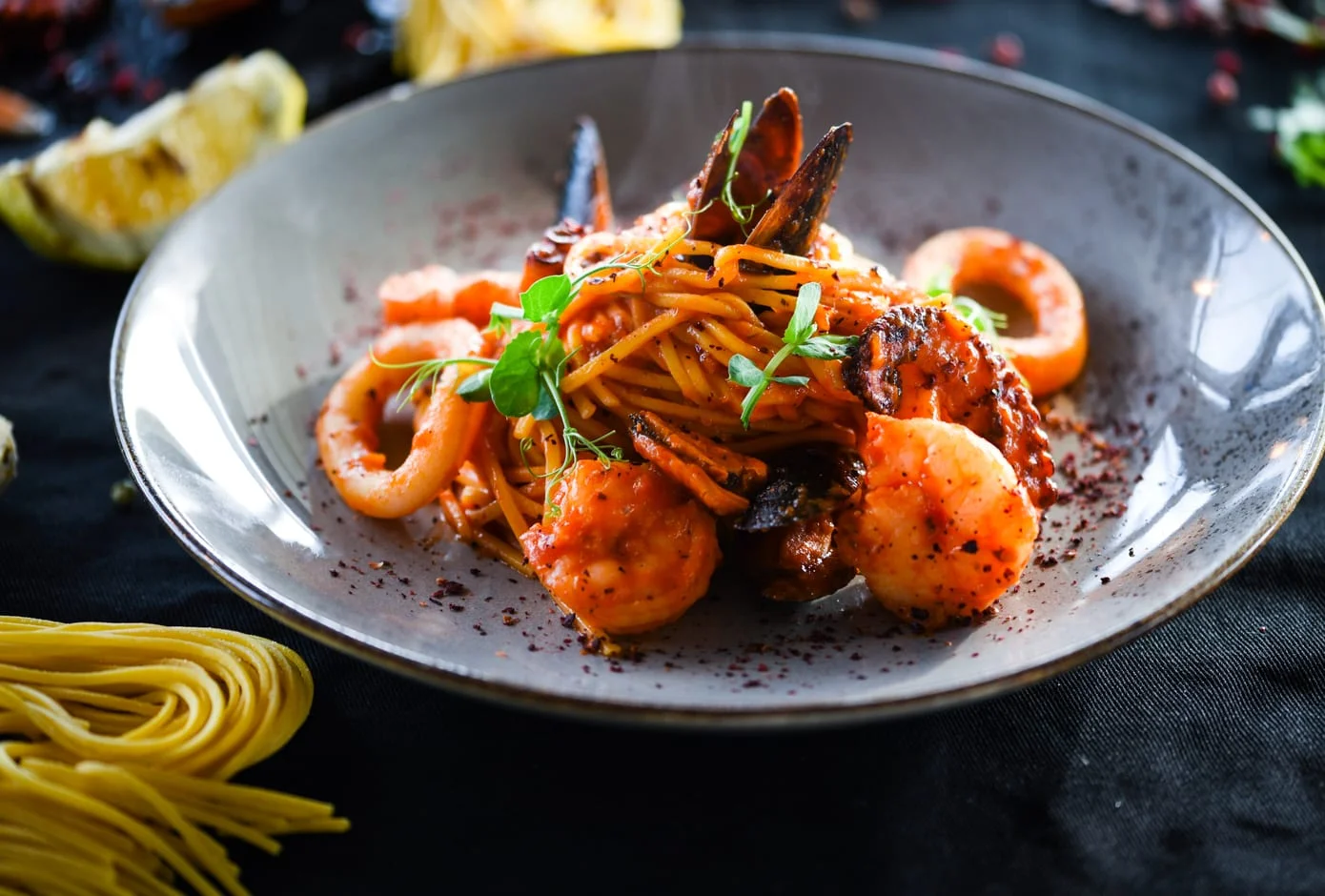 Italian home made pasta with fresh seafood. 