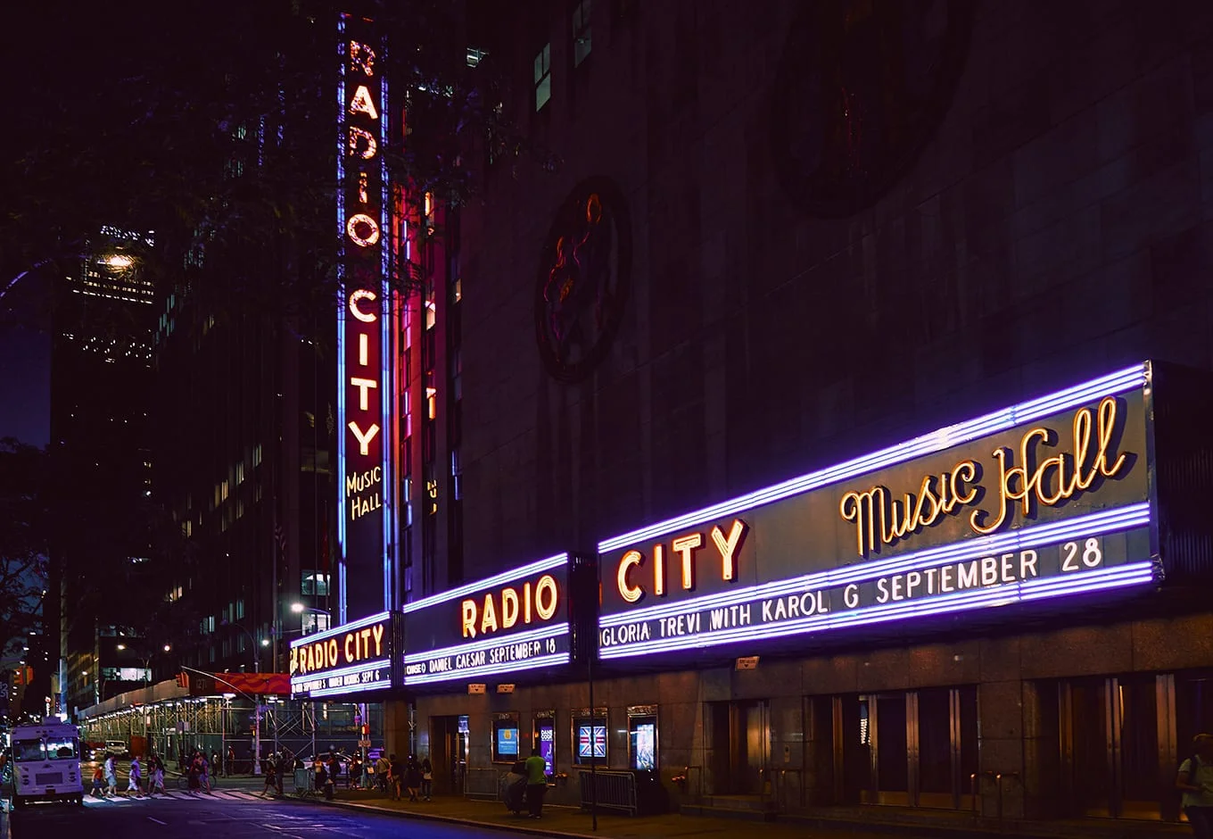Radio City Music Hall with light display in Dec in NY